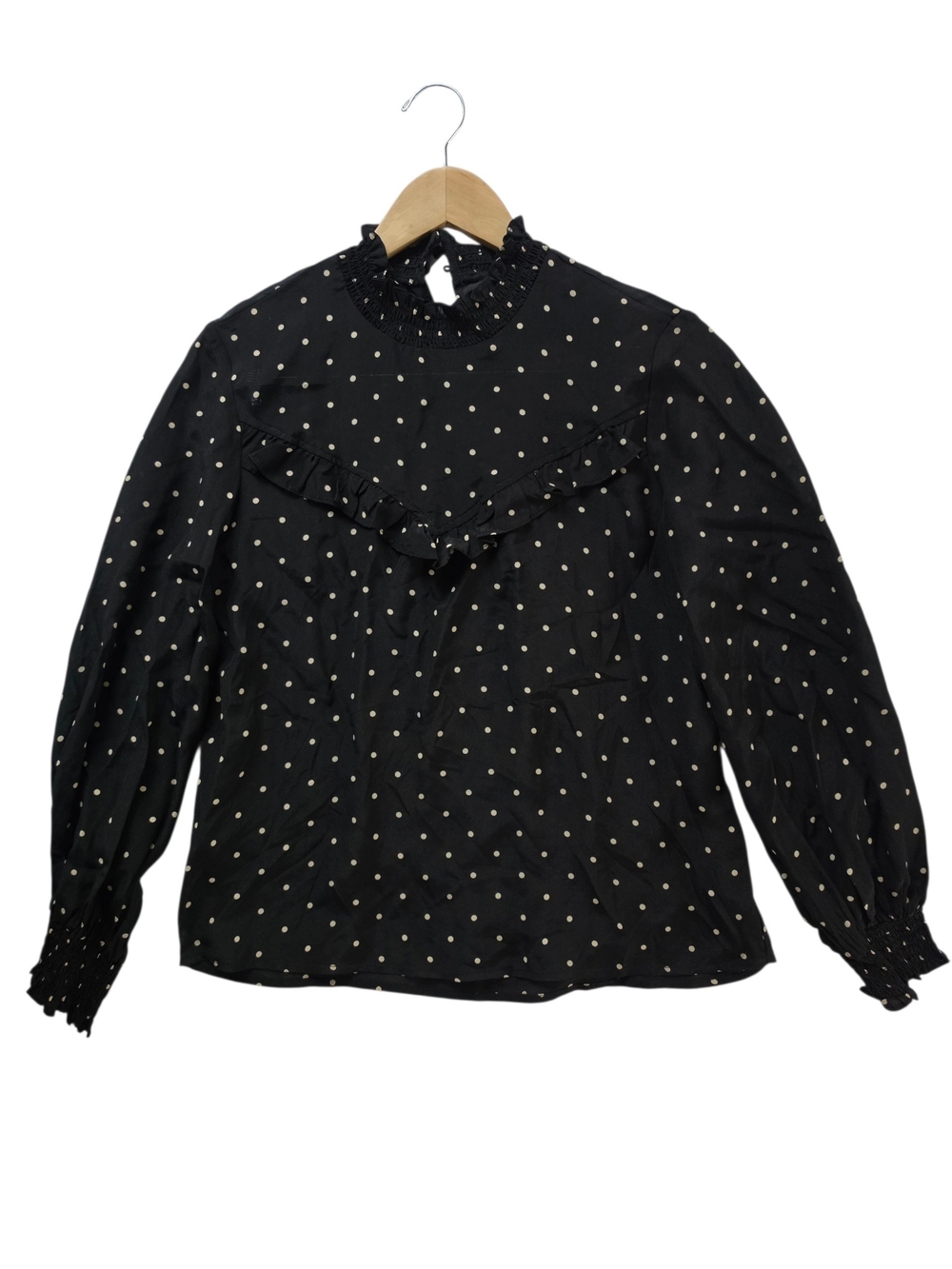 100 % Silk Black Polka Dot Ruffle Neck Long-Sleeve Blouse